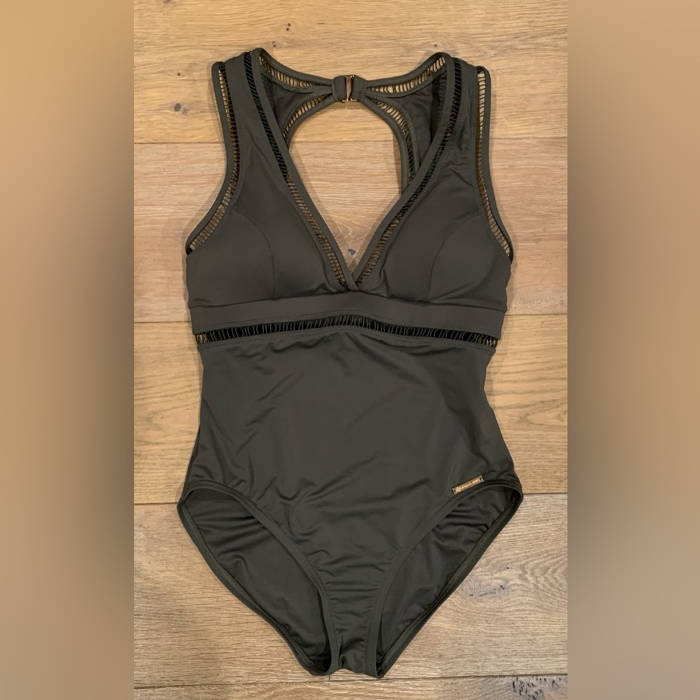MICHAEL KORS Cruise Olive Green Ladder Cutout One Piece Swimsuit Womens 10 - Picture 2 of 11